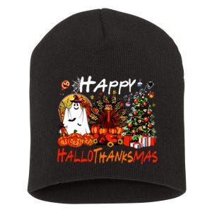 Halloween Thanksgiving Christmas Turkey Happy Hallothanksmas Short Acrylic Beanie