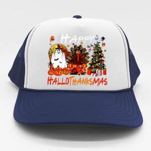 Halloween Thanksgiving Christmas Turkey Happy Hallothanksmas Trucker Hat