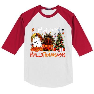 Halloween Thanksgiving Christmas Turkey Happy Hallothanksmas Kids Colorblock Raglan Jersey