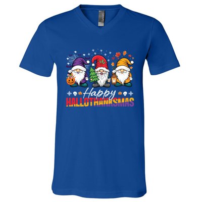 Halloween Thanksgiving Christmas Happy Hallothanksmas Funny Gift V-Neck T-Shirt