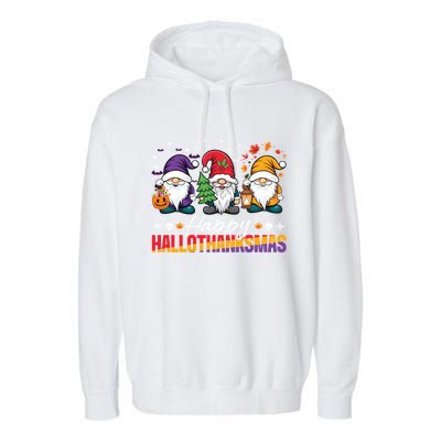 Halloween Thanksgiving Christmas Happy Hallothanksmas Funny Gift Garment-Dyed Fleece Hoodie