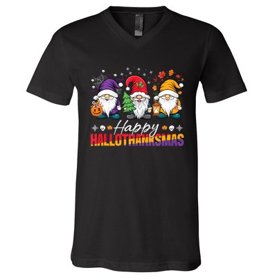 Halloween Thanksgiving Christmas Happy Hallothanksmas Funny V-Neck T-Shirt