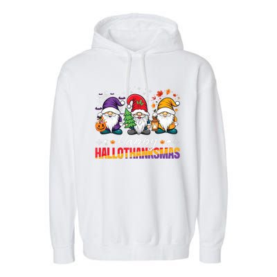 Halloween Thanksgiving Christmas Happy Hallothanksmas Funny Garment-Dyed Fleece Hoodie