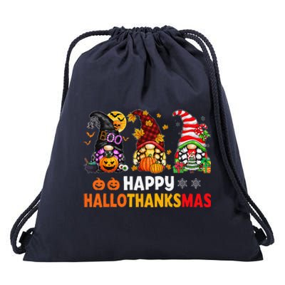 Halloween Thanksgiving Christmas Happy HalloThanksMas Gnomes Drawstring Bag