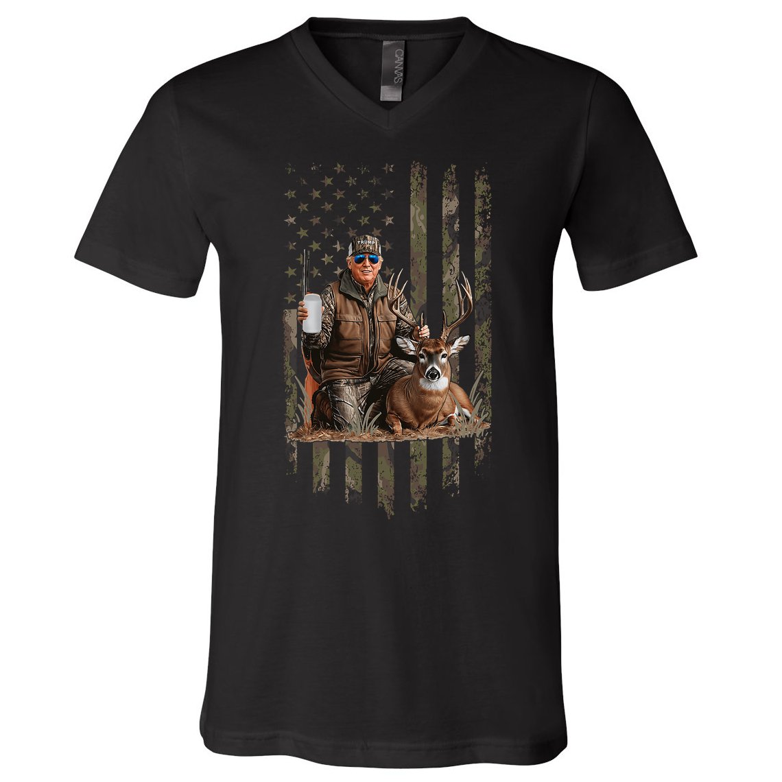 Hunting Trump Camouflage Usa Flag Deer Hunting Season Maga V-Neck T-Shirt