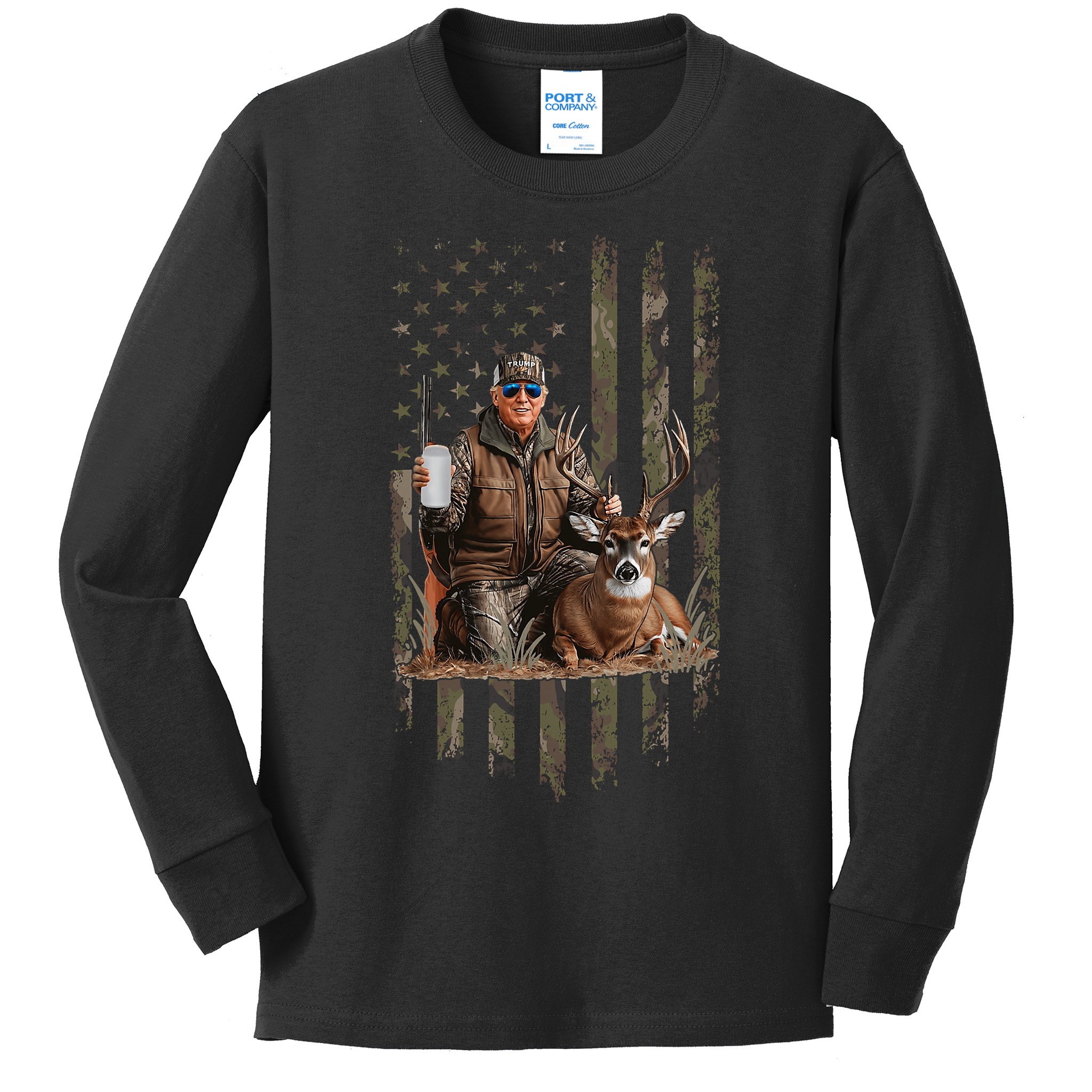Hunting Trump Camouflage Usa Flag Deer Hunting Season Maga Kids Long Sleeve Shirt