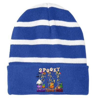 Halloween Thanksgiving Christmas Hallothanksmas Skeleton Gift Striped Beanie with Solid Band