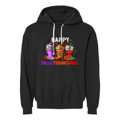 Halloween Thanksgiving Christmas Happy HalloThanksMas Coffee Garment-Dyed Fleece Hoodie