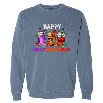 Halloween Thanksgiving Christmas Happy HalloThanksMas Coffee Garment-Dyed Sweatshirt