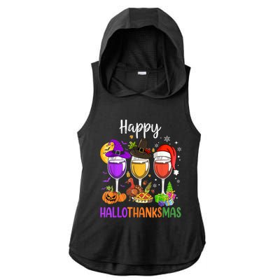 Halloween Thanksgiving Christmas Happy Hallothanksmas Wine Ladies PosiCharge Tri-Blend Wicking Draft Hoodie Tank