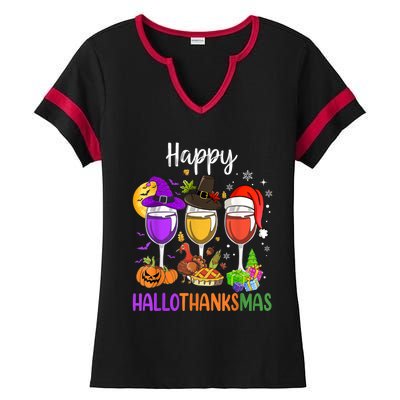 Halloween Thanksgiving Christmas Happy Hallothanksmas Wine Ladies Halftime Notch Neck Tee