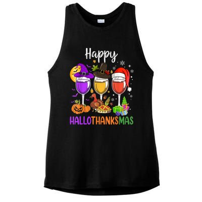 Halloween Thanksgiving Christmas Happy Hallothanksmas Wine Ladies PosiCharge Tri-Blend Wicking Tank