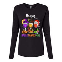 Halloween Thanksgiving Christmas Happy Hallothanksmas Wine Womens Cotton Relaxed Long Sleeve T-Shirt