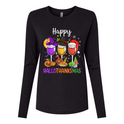 Halloween Thanksgiving Christmas Happy Hallothanksmas Wine Womens Cotton Relaxed Long Sleeve T-Shirt