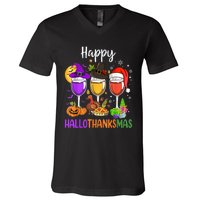 Halloween Thanksgiving Christmas Happy Hallothanksmas Wine V-Neck T-Shirt