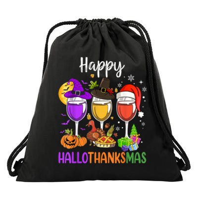 Halloween Thanksgiving Christmas Happy Hallothanksmas Wine Drawstring Bag