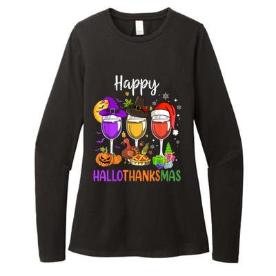 Halloween Thanksgiving Christmas Happy Hallothanksmas Wine Womens CVC Long Sleeve Shirt