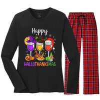 Halloween Thanksgiving Christmas Happy Hallothanksmas Wine Women's Long Sleeve Flannel Pajama Set 