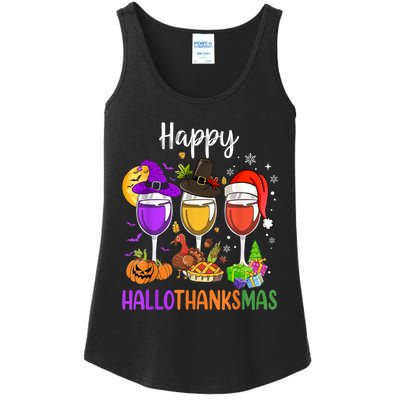 Halloween Thanksgiving Christmas Happy Hallothanksmas Wine Ladies Essential Tank