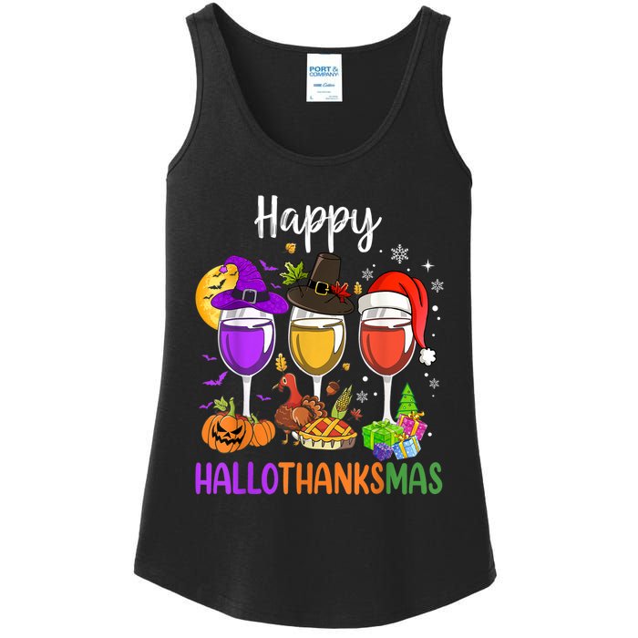 Halloween Thanksgiving Christmas Happy Hallothanksmas Wine Ladies Essential Tank