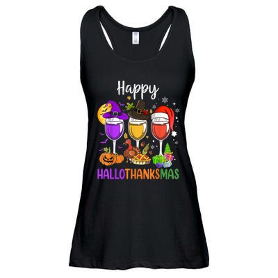 Halloween Thanksgiving Christmas Happy Hallothanksmas Wine Ladies Essential Flowy Tank