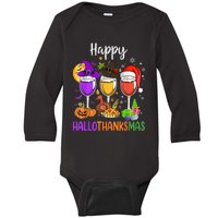 Halloween Thanksgiving Christmas Happy Hallothanksmas Wine Baby Long Sleeve Bodysuit