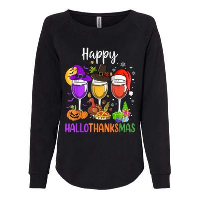 Halloween Thanksgiving Christmas Happy Hallothanksmas Wine Womens California Wash Sweatshirt