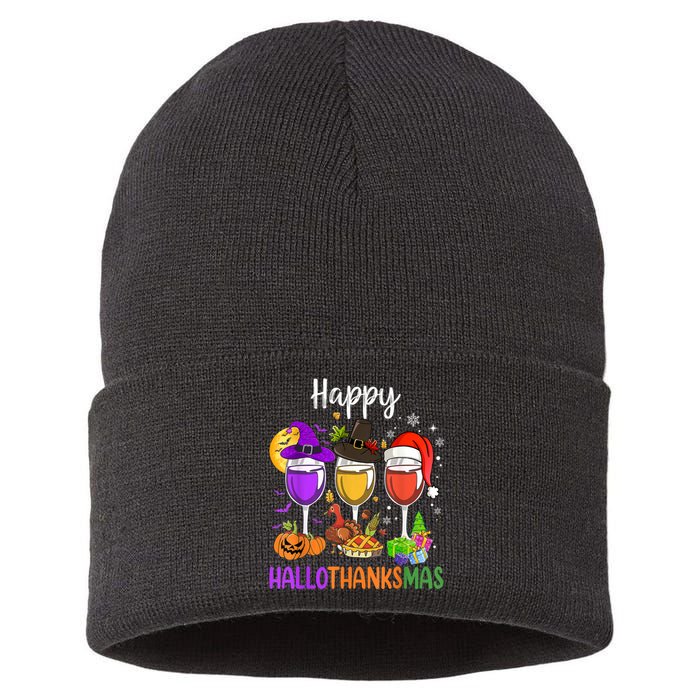 Halloween Thanksgiving Christmas Happy Hallothanksmas Wine Sustainable Knit Beanie