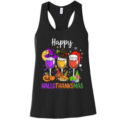 Halloween Thanksgiving Christmas Happy Hallothanksmas Wine Women's Racerback Tank