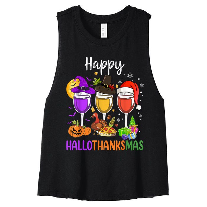 Halloween Thanksgiving Christmas Happy Hallothanksmas Wine Women's Racerback Cropped Tank