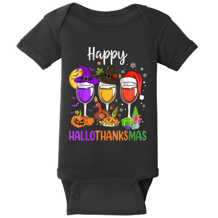 Halloween Thanksgiving Christmas Happy Hallothanksmas Wine Baby Bodysuit