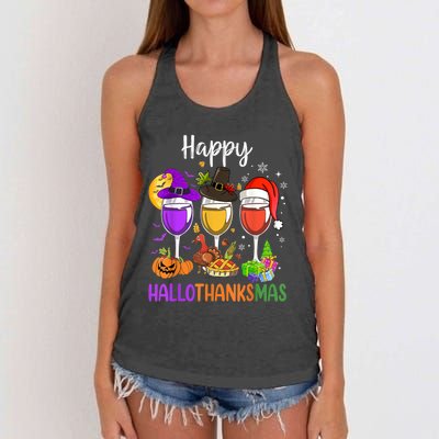 Halloween Thanksgiving Christmas Happy Hallothanksmas Wine Women's Knotted Racerback Tank