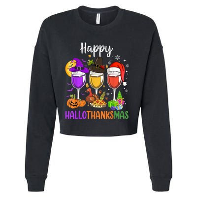 Halloween Thanksgiving Christmas Happy Hallothanksmas Wine Cropped Pullover Crew