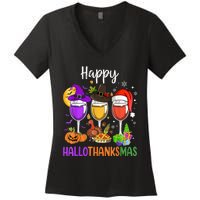 Halloween Thanksgiving Christmas Happy Hallothanksmas Wine Women's V-Neck T-Shirt