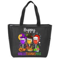 Halloween Thanksgiving Christmas Happy Hallothanksmas Wine Zip Tote Bag