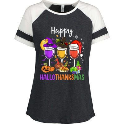 Halloween Thanksgiving Christmas Happy Hallothanksmas Wine Enza Ladies Jersey Colorblock Tee