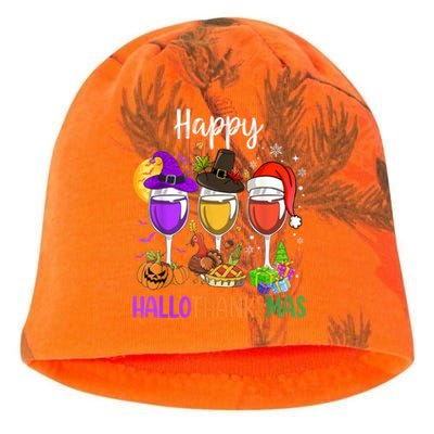 Halloween Thanksgiving Christmas Happy Hallothanksmas Wine Kati - Camo Knit Beanie