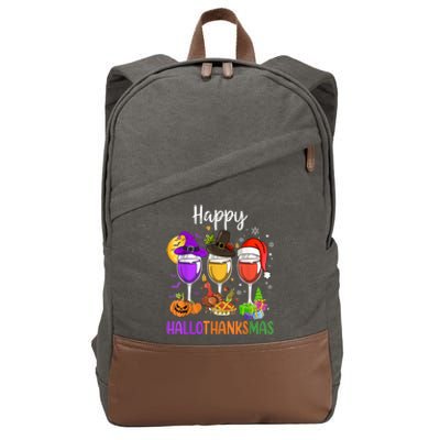 Halloween Thanksgiving Christmas Happy Hallothanksmas Wine Cotton Canvas Backpack