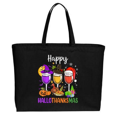 Halloween Thanksgiving Christmas Happy Hallothanksmas Wine Cotton Canvas Jumbo Tote