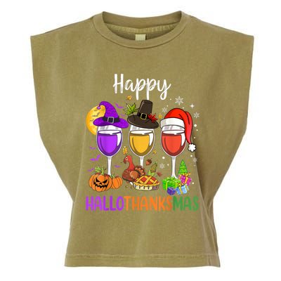 Halloween Thanksgiving Christmas Happy Hallothanksmas Wine Garment-Dyed Women's Muscle Tee