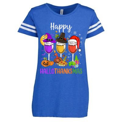 Halloween Thanksgiving Christmas Happy Hallothanksmas Wine Enza Ladies Jersey Football T-Shirt