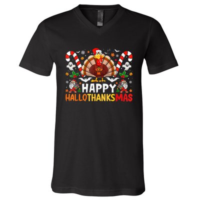 Halloween Thanksgiving Christmas Happy Hallothanksmas V-Neck T-Shirt