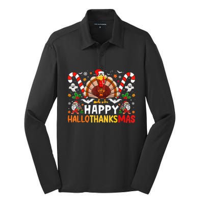 Halloween Thanksgiving Christmas Happy Hallothanksmas Silk Touch Performance Long Sleeve Polo