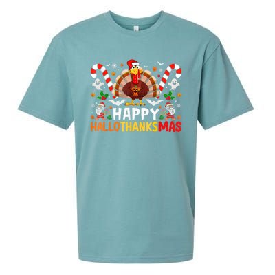 Halloween Thanksgiving Christmas Happy Hallothanksmas Sueded Cloud Jersey T-Shirt