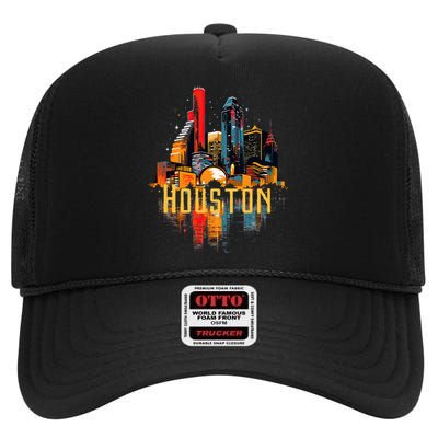 Houston Texas City Downtown Skyline Texas Hou High Crown Mesh Back Trucker Hat