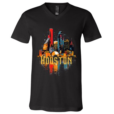 Houston Texas City Downtown Skyline Texas Hou V-Neck T-Shirt