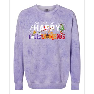 Halloween Thanksgiving Christmas 2024 Happy Hallothanksmas Colorblast Crewneck Sweatshirt