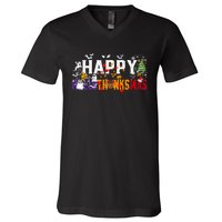 Halloween Thanksgiving Christmas 2024 Happy Hallothanksmas V-Neck T-Shirt