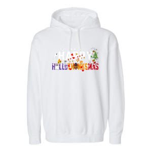 Halloween Thanksgiving Christmas 2024 Happy Hallothanksmas Garment-Dyed Fleece Hoodie