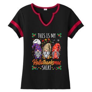 Halloween Thanksgiving Christmas Funny Hallothanksmas Gnomes Ladies Halftime Notch Neck Tee